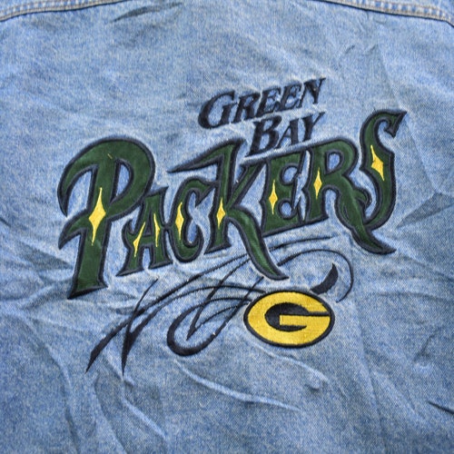 Vintage 1990's shops Green Bay Packers NFL Pro Elite Embroidered Jean Jacket / Football / Athleisure Sportswear / Streetwear