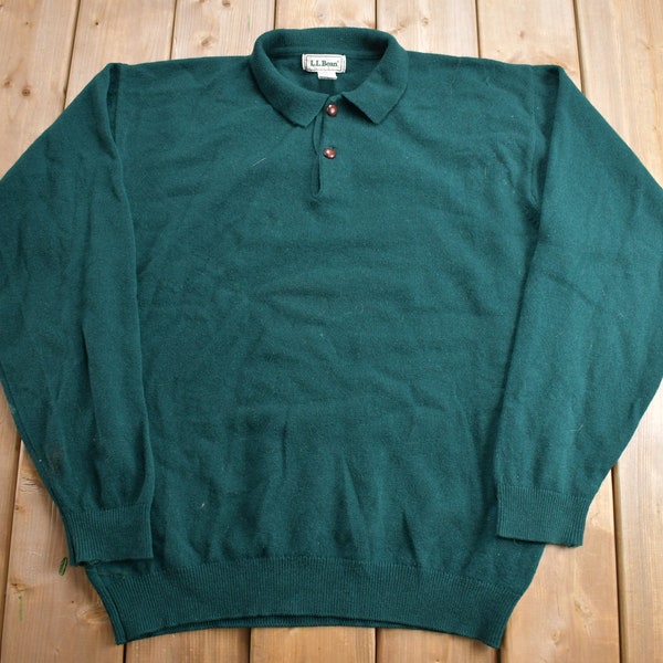 Vintage 1990s LL Bean Knit Polo Sweater / Solid Green / Made in Scotland / Lambswool / Blank / Collared Sweatshirt / Pullover Sweatshirt