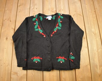Vintage 1990s Pendleton Petite 100% Virgin Wool Knitted Cardigan Sweater / Vintage Cardigan / Button Up / Christmas Theme