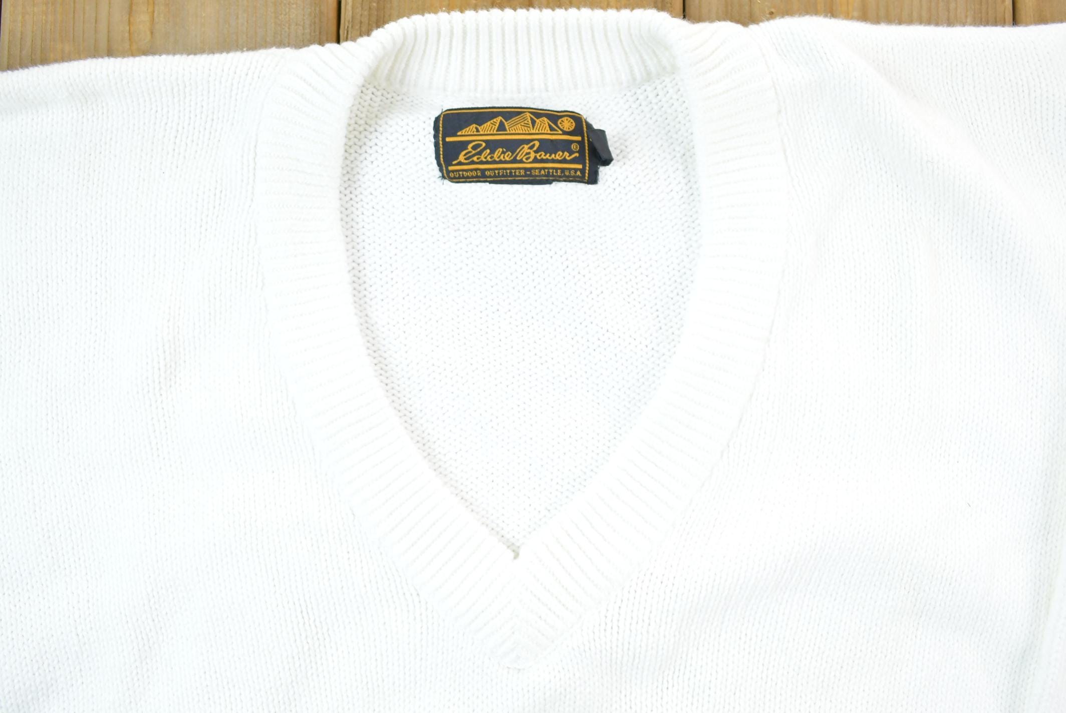【Eddie Bauer】90s Good Design V-neck Knit VTG Eddie Bauer Men's Medium Blue Cotton V-neck Rib Knit
