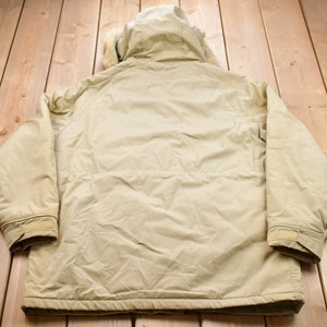 May include: A beige hooded jacket with a fur trim around the hood. The jacket has a zipper closure and two pockets on the front. The jacket is made of a water-resistant material.