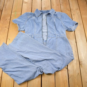 Vintage 1990s Women&#39;s Short Sleeve Denim Jumpsuit Size Large / BROKEN ZIPPER / Vintage Coveralls / Vintage Workwear / One Piece Work Suit