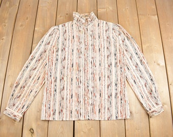 Vintage 1980s Ruffle Collar Button Up Shirt / 1980s Button Up / Ruffle Button Up / Abstract Pattern Shirt / Made in USA