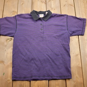 Vintage 1990s Striped Collared T Shirt / Vintage T Shirt / Streetwear / Striped Tee / Single Stitch / Made In USA / Purple / Gothic