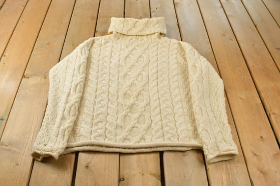 Vintage 1980s Fisherman Wool Cable Knit Turtleneck Sweater Women's L / 90s Fisherman Sweatshirt / Outdoors / Made in Ireland