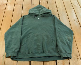Vintage 1990s Nike Embroidered Mini Middle Swoosh Hoodie Men's XL / Sun Faded Distressed / Swoosh Logo Sweatshirt / Made in USA