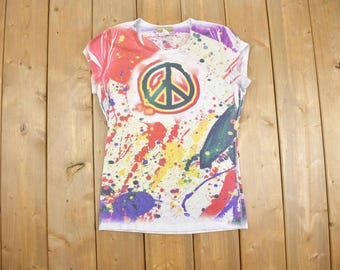 Vintage Y2k-T-shirt met verfspatten en vredesteken / Gemaakt in de VS