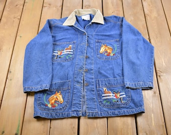 Vintage 1990s Horse Embroidered Denim Chore Coat / Vintage Denim / Streetwear / Vintage Fall Outerwear / Fall Jacket / Casey Coleman