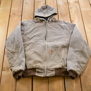 Vintage 1990s Carhartt Hooded Jacket / Workwear / Streetwear / Made In USA / 90s / Quilt Lined Jacket / Distressed Carhartt / Union Made