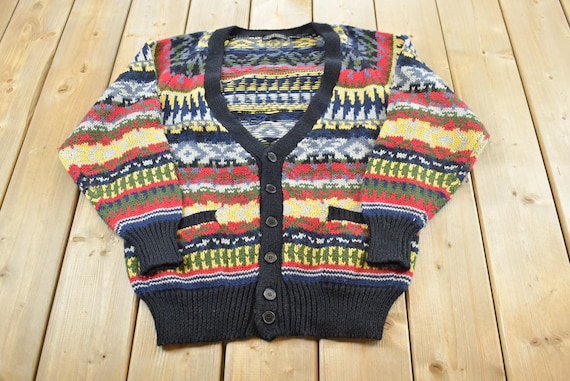 Vintage 1980s Limited Editions Wool Knit Cardigan Sweater Mens M / Striped / Sweatshirt / Abstract Pattern / Made in Hong Kong