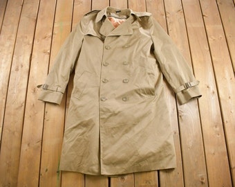 Vintage 1990s Beige Trench Coat / Overcoat / Button Up Jacket / Full Length Coat / Dress Coat / Nylon Coat / Rain Coat