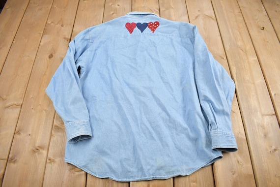 Vintage 1990s Cute Patchwork Denim Button Up Shir… - image 2