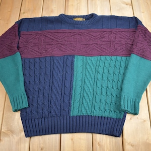 Vintage 1990s Eddie Bauer Color Block Cable Knit Sweater / Vintage Crewneck / Outdoorsman / Made In USA