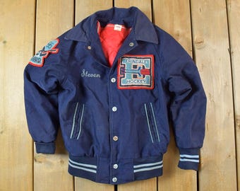 Vintage 1966 Erindale Hockey corduroy button Varsity gevoerd jack met rits, gemaakt in de VS