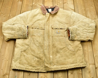 Vintage 1990s Carhartt Tan Chore Coat / Workwear / Streetwear / 90s / Quilt Lined Jacket / Distressed Carhartt / Winter Wear
