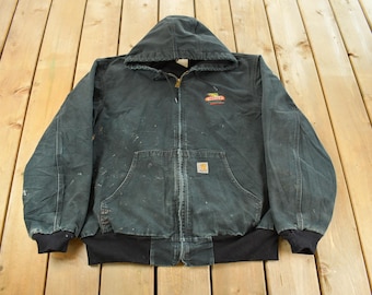Vintage 1990s Carhartt Hooded Work Jacket Men's XL / Workwear / Embroidered / Distressed Sun Faded / Dekalb Promo / Made in USA