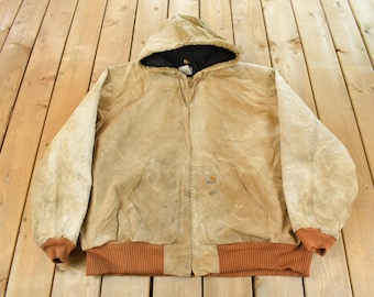 Vintage 1990s Carhartt Distressed Hooded Jacket Men's 2XL / 90s Workwear Jacket / Canvas Jacket