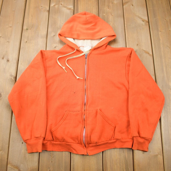 Vintage 1980s Orange Blank Thermal Zip Up Hoodie / Made In USA / Hi Vis / Streetwear / 80s Hoodie