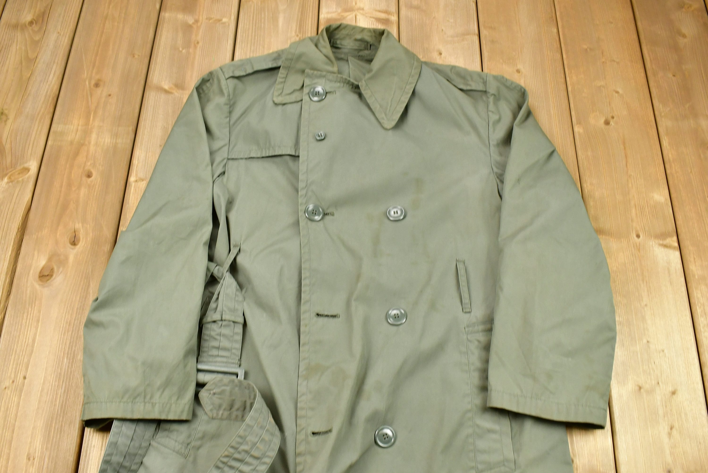 Vintage US Army Military Button Down Overcoat / Nylon Rain