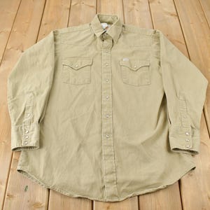 Vintage 1980s Carhartt Beige Snap Button Up Shirt / Outdoorsman / Vintage Workwear / Vintage Carhartt / Made In USA / Heavy Weight