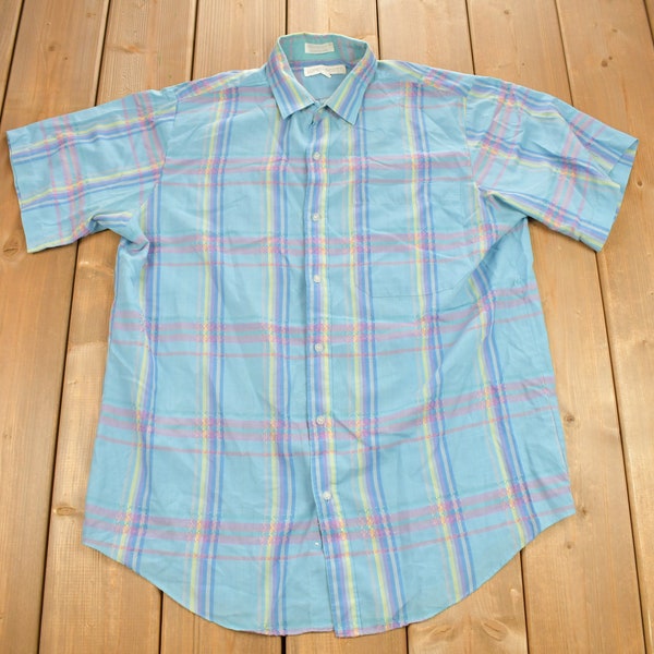 Vintage 1990s Lauren Scott Blue Plaid Short Sleeve Button Up Shirt / Short Sleeve Flannel / Casual Shirt / Formal Shirt / Essential