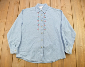 Vintage 1990er Jahre Talbots Hemd mit bestickten Blumenmuster / 1990er Jahre Bluse / Vintage Jeanshemd / gemusterte Bluse
