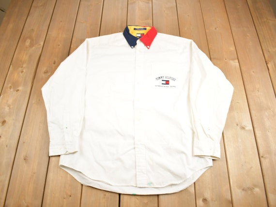 Vintage 90er Jahre Tommy Hilfiger International Games Flagge Patch Knopfleiste Shirt 1990s Button Up Vintage Tommy 90s Style Etsy