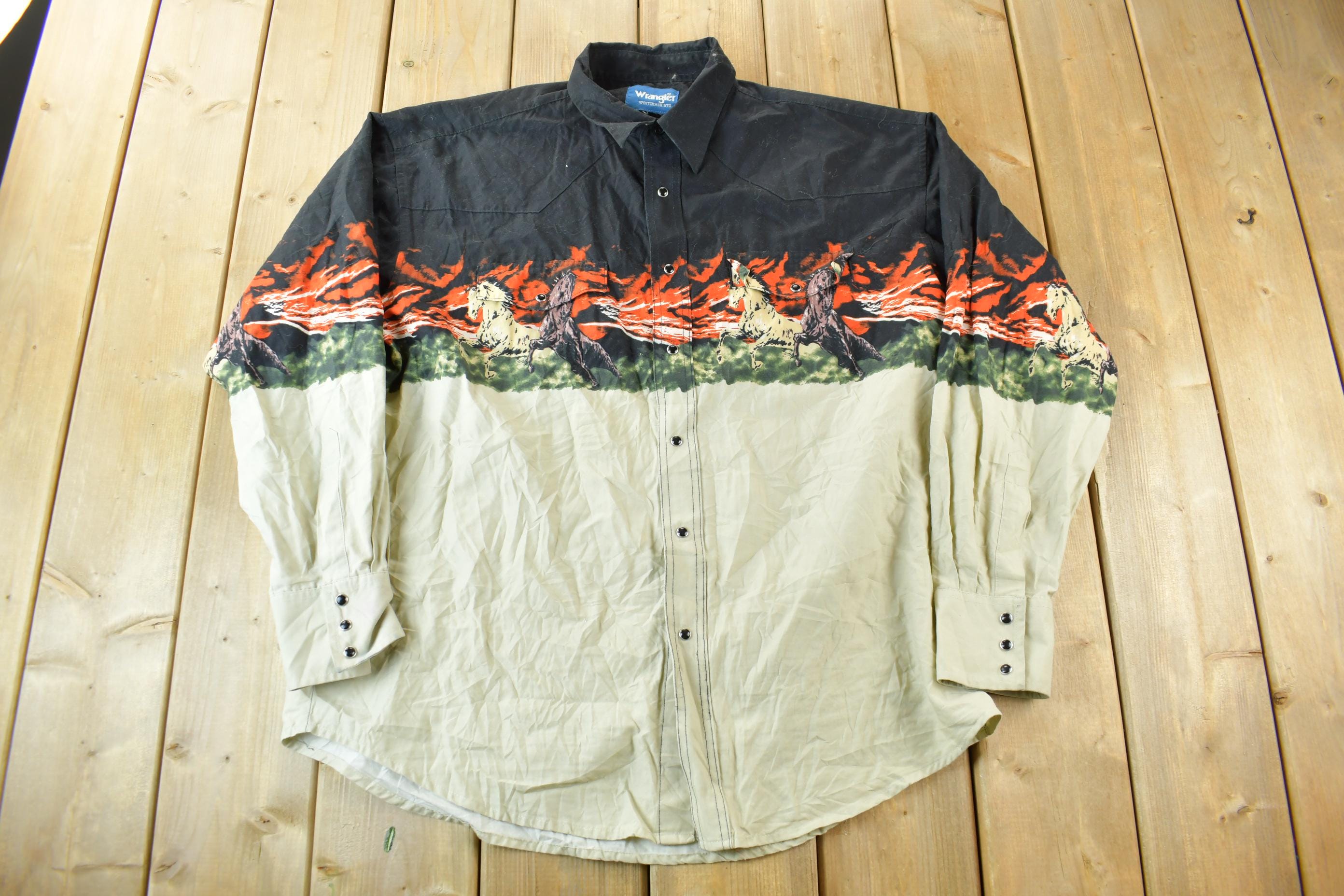 トップス 90's vintage Wrangler western shirts L Vintage 1990s Wrangler Western Shirts Horse Theme Snap Button up