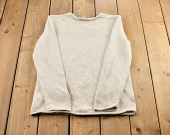 Vintage 1990s White Eddie Bauer Rolled Hem Lightweight Knit Shallow V-Neck Sweater / 90s Crewneck / Vintage Eddie Bauer / Size Small