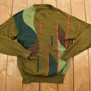 Vintage 1990s Abstract Knitted Crewneck Sweater / Basic / Olive Sweatshirt / Patchwork / Embroidered