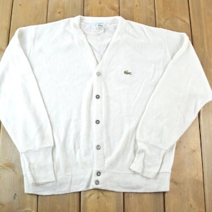 Vintage 1970s Izod Lacoste Knit Mini Green Crocodile Perfect Mild Distress White Cardigan Sweater Made In USA