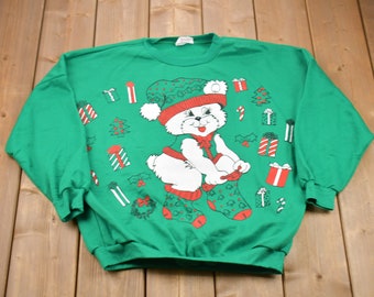 Vintage 1990s Cute Bear Christmas Sweater , 90s Holiday Crewneck , Winter Wear , Festive Graphic Print
