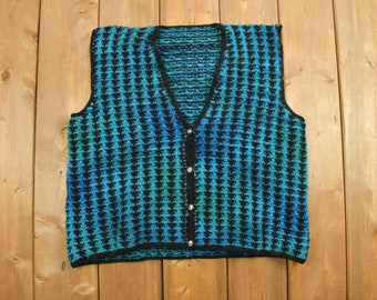 Vintage 1990s Abstract Knit Cardigan Sweater Vest / Cardigan / Vintage Vest / Pattern Sweater / Outdoor / Button Up / V Neck