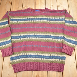Può includere: Un maglione a righe in tonalità bordeaux, verde, blu e crema. Il maglione ha un collo rotondo e maniche lunghe.
