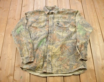 Vintage 1990s Hunting Tree Camo Button Up Shirt / Warm Button Up / Vintage Sweatshirt / Outdoorsman / Wilderness Sweatshirt / Woodland Camo