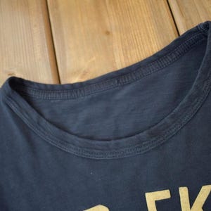 May include: Close-up of the neckline of a dark blue t-shirt with a gold graphic print that reads "EKI".