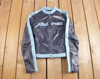 Vintage 1990s Avirex Leather Race Bike Jacket / Women's Cafe Racer / Patchwork / Size Women's M