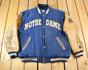 Vintage 1990s University of Notre Dame Collegiate Varsity Jacket / Leather Jacket / Size Large / Fighting Irish / Embroidered