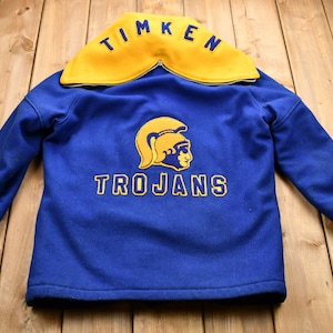 Vintage 1970s Timken Trojans Janet #80 Letterman Zip-Hood Snap Button Jacket / 80s Does 60s / Naugalite / Made in USA / Alumni