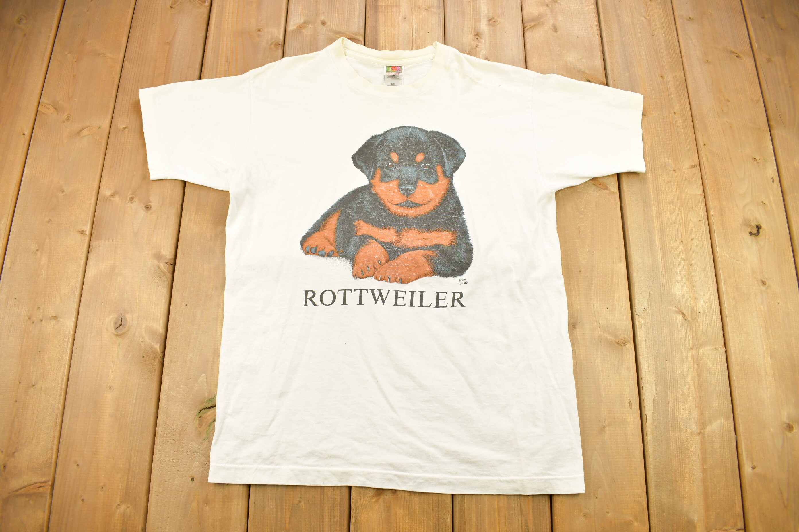 トップス 90s henryneck long t-shirt dog fullprint Vintage 1990s Rottweiler Puppy Graphic T-shirt / Vintage Dog