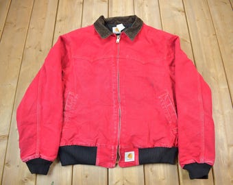 Vintage 1980s Carhartt Red Santa Fe Work Jacket / Workwear / Quilt Lined / Western Style / Made In USA