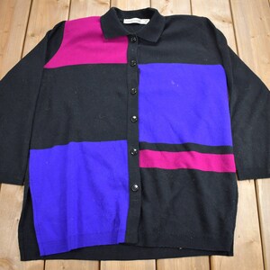 Vintage 1990s Karen Lessly Knit Button Up Sweater / Made In USA / Color Block / Womens Vintage