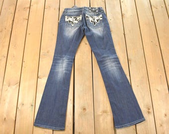 Vintage Deadstock Y2K Miss Me Bedazzled Low Rise Jeans Women's Size 26x31 / Boot Cut Jeans / 2000's Embroidered Contrast Stitched Denim