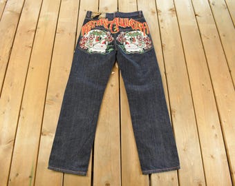 Vaqueros vintage Y2K Christian Audigier Ed Hardy para hombre, 31 x 31, estilo años 2000, bordados, con tatuajes góticos de calaveras.