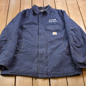 Vintage 1990s Carhartt Diamond Quilt Lined Embroidered Traditional Work Coat / Paint Splatter / Workwear / Streetwear / Worn Work Jacket