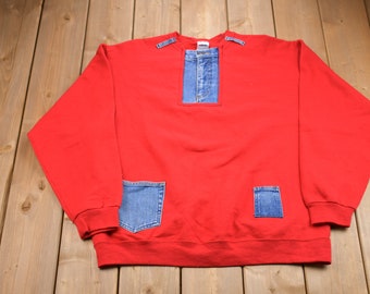 Vintage 1990s Denim Fleece Sweater / Sportswear / 90s Crewneck / Streetwear / Athleisure / Hiking / 90s Jerzees Fleece