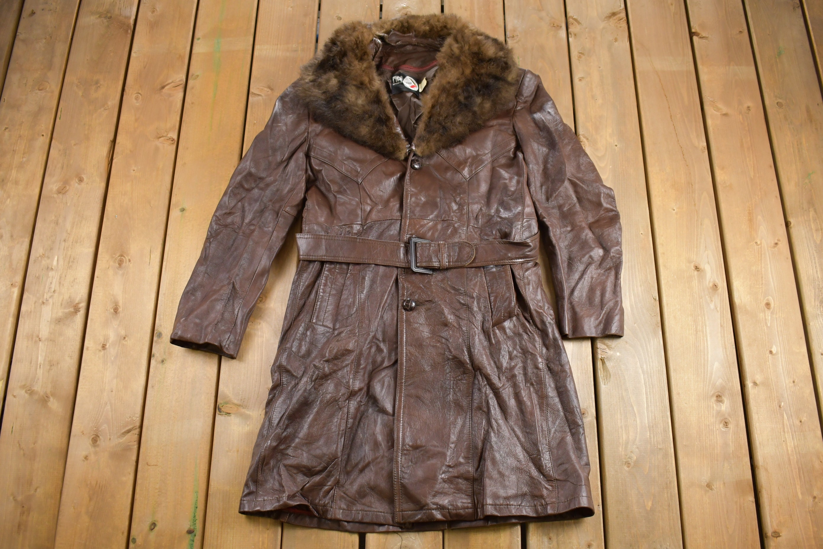 Vintage 1980s Fur Collar Leather Full Length Coat / Rice