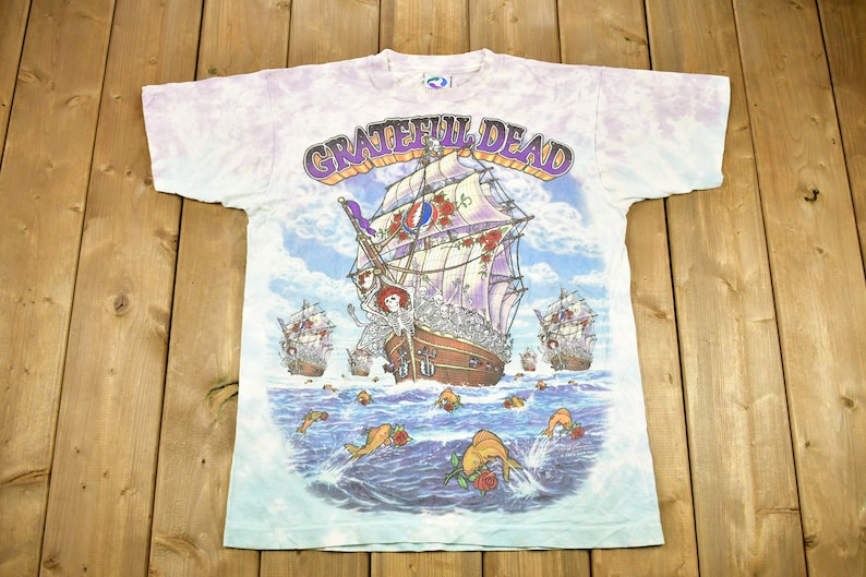 Vintage 1993 Grateful Dead Ship Of Fools All Over Print Pirate T-shirt / Band Tee Music Promo / Tie Dye / Single Stitch / Liquid Blue image 1