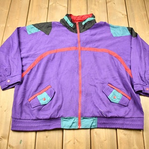 Vintage 1980s Color Block Zip Up Sweatshirt / 90s Crewneck / Souvenir / Athleisure / Streetwear / Purple Sweater