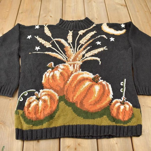 Sweter z golfem w stylu vintage z lat 90. z nadrukiem dyni na całej powierzchni, rozmiar L
